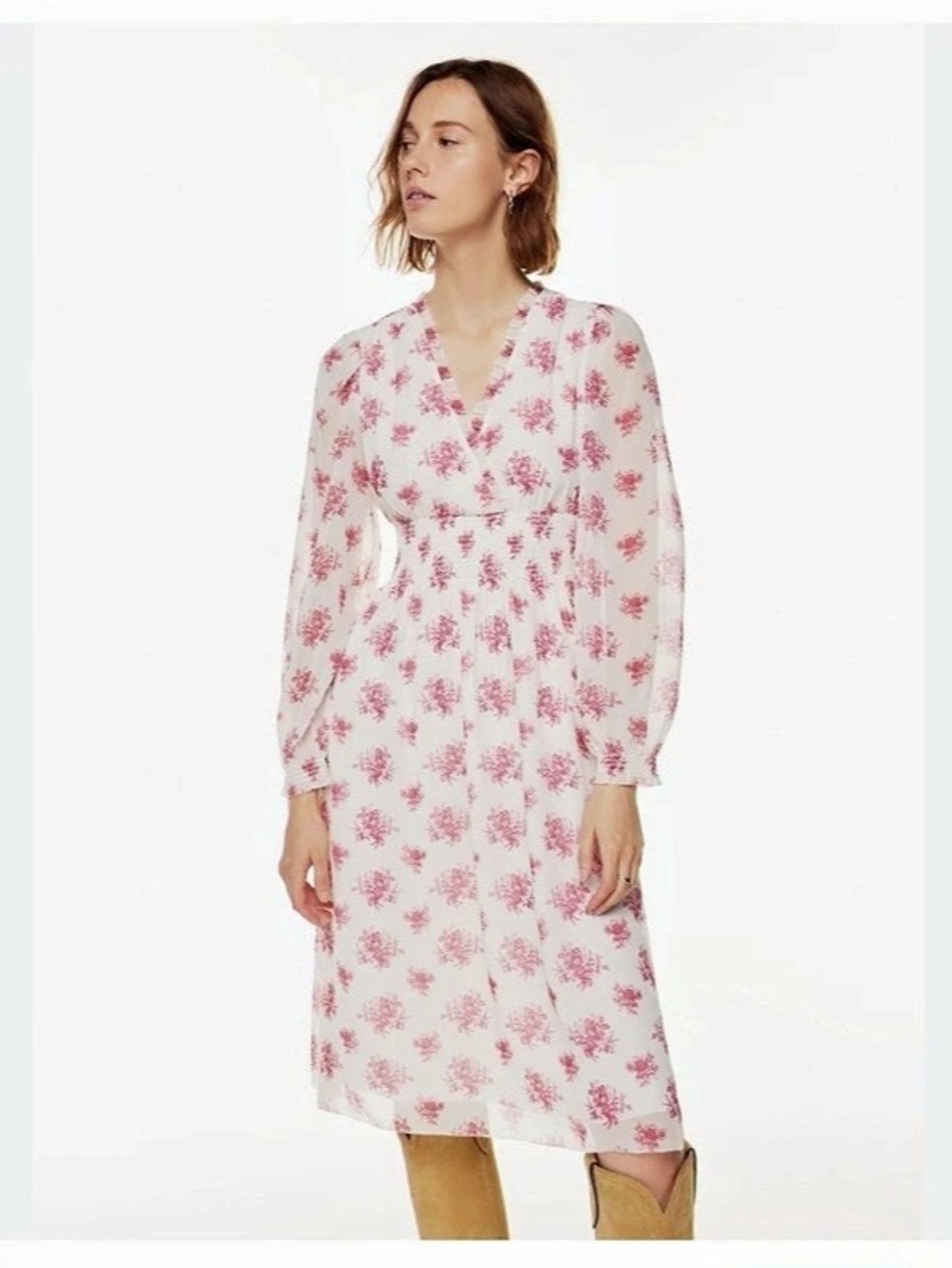 Aritzia Wilfred Faraway Puff Sleeve Floral Midi Tea Dress Pink White SZ XXS